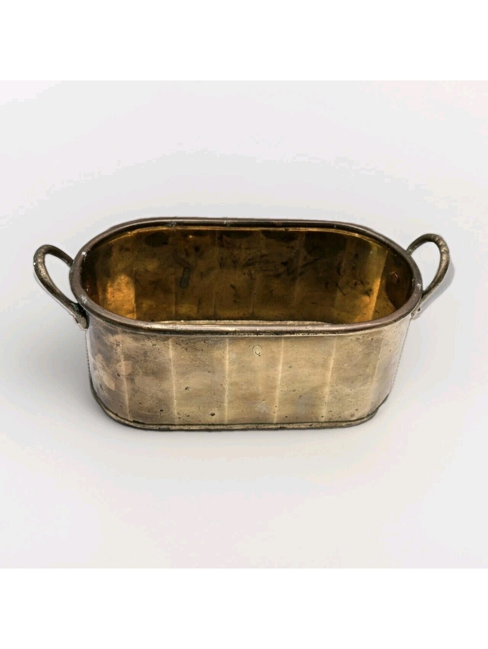 Vintage Brass Oval Planter Handles Ribbed Footprint Trough Pot Cachepot 8"